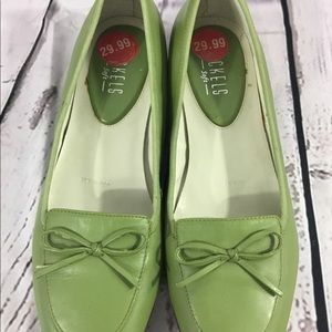 Sage Green Leather Slip On Loafer Flats